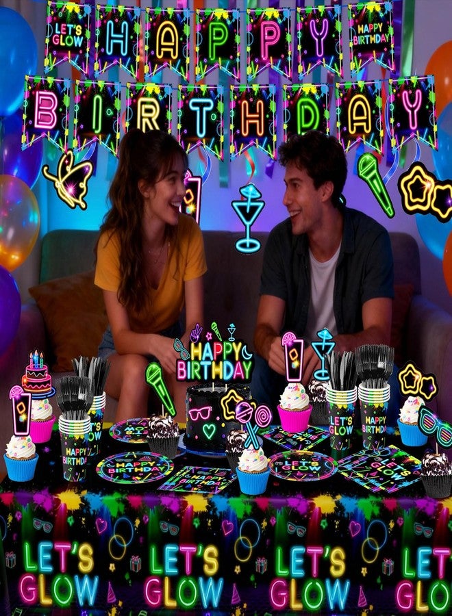 LINHAXM 184 Pcs Neon Party Decorations - Glow in the Dark Party Supplies - Plates, Napkins, Cups, Banner, Hanging Swirls, Tablecloth, Balloons, Toppers for Neon Birthday Party Decorations, Serves 24 - Image 5